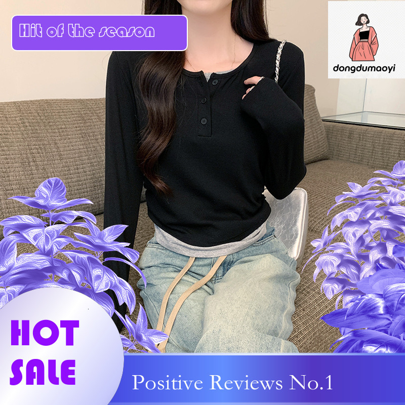 dongdumaoyi fake two piece long sleeved women's 2025 spring new short style slim fit base shirt Korean version versatile top T-shirt