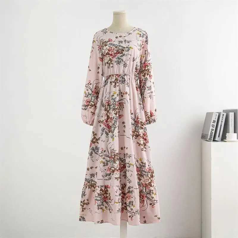 Spring Autumn Women Chiffon Dresses Casual Floral Printed Bark Crinkling Long Dresses O-neck Long Slve Loose Muslim Maxi Dress X250514