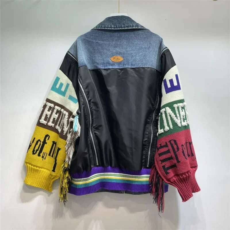 Women Letters Badges Embroidery Denim Coat Knit Spliced Sleeve Sweater Tassels Jeans Jacket Streetwear Cardigan Tops Chaquetas