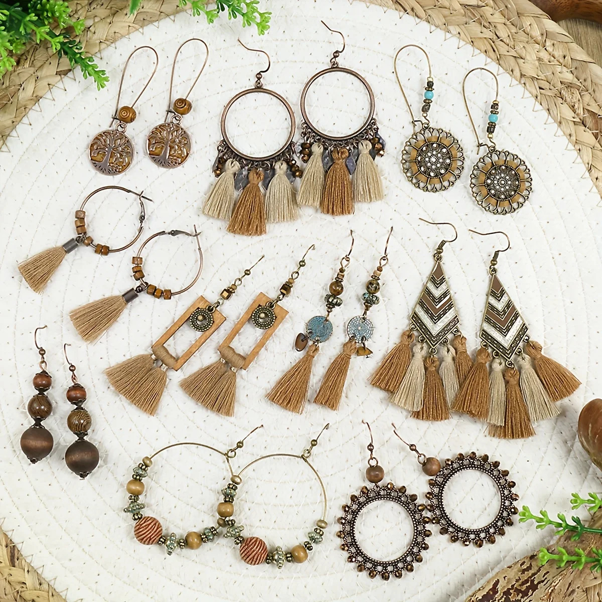 10 Pairs Brown Earrings Set Boho Jewelry Set Drop Dangle Earrings Tassel Wooden Beading Vintage Statement Earrings for Women 250513