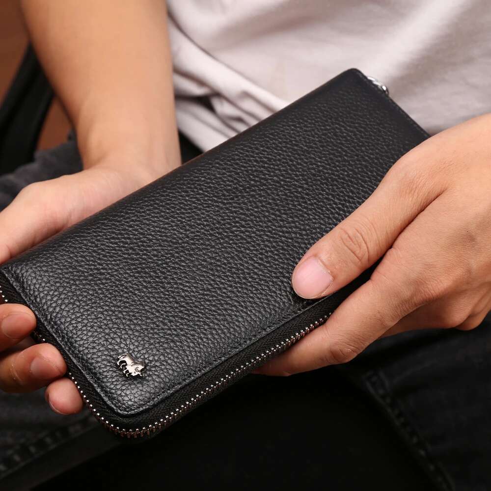 BISON DENIM Brand Genuine Leather RFID Blocking Clutch Bag Wallet Card Holder Coin Purse Zipper Male Long Wallets N8195