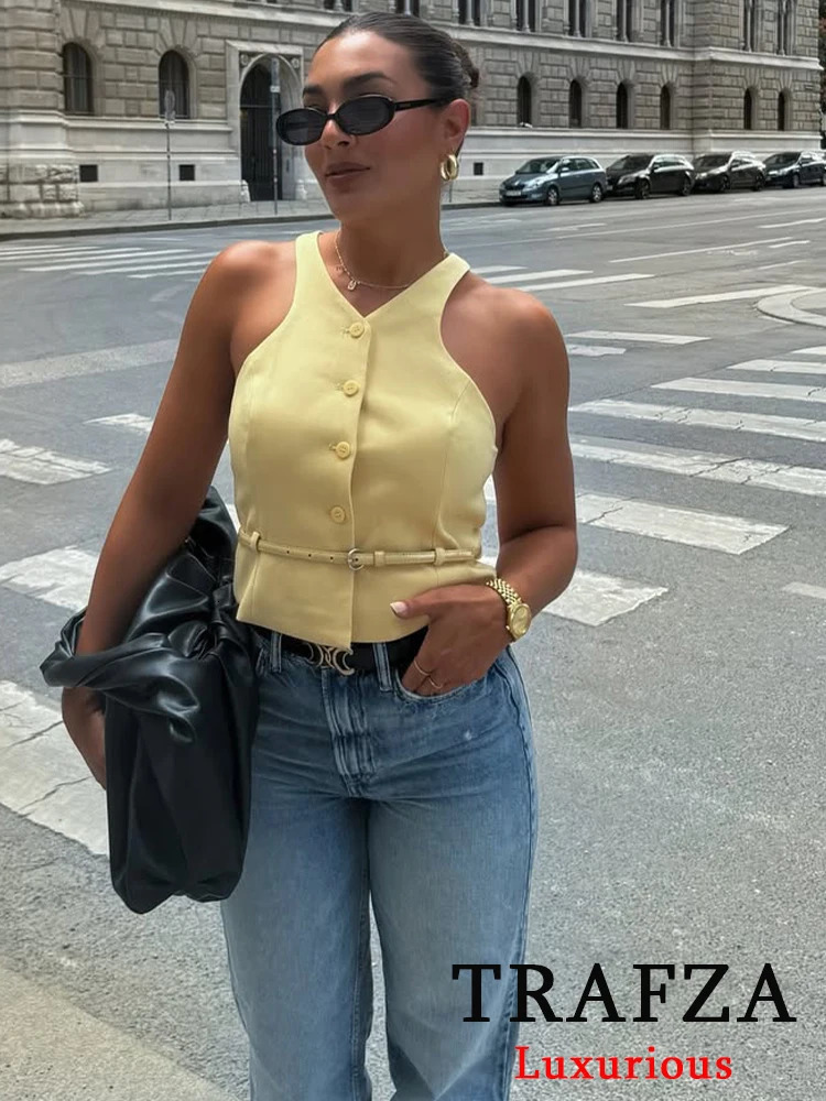 TRAFZA Vintage Chic Solid Women Sashes Suit Single Breasted Sleeveless Top Straight Long Skirt Fashion Autumn 250514
