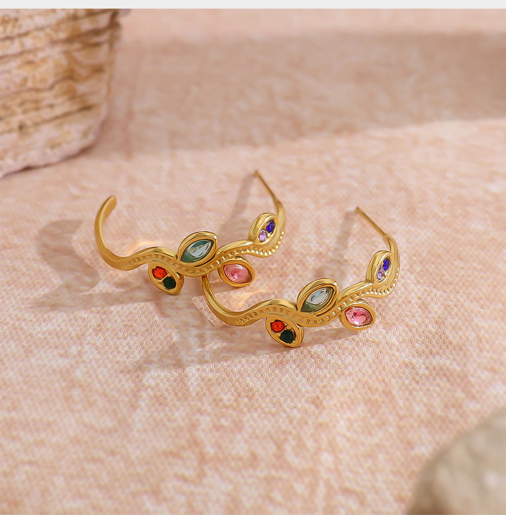 18K Gold Titanium Steel Earrings with Colorful Marquise Zirconia, Hollow Leaf Design, C-Shaped Stainless Steel Ear Studs for Women