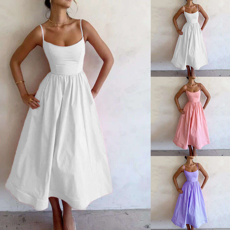 June Vestidos Floral Dress Women Dress 2025 New Womens Clothing Style Commuting Sexy Low Cut Slim Fit Waist Strap Large Swing Dress for Women