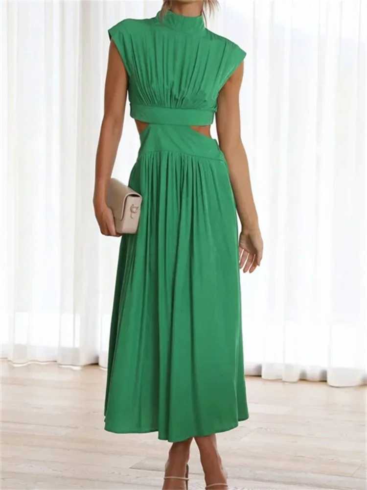 Womens Summer Long Dress Solid Color Sleeveless Mock Neck Hollow Out A-line Dress Sexy Elegant Beach Holiday Loose DressesXJ250514