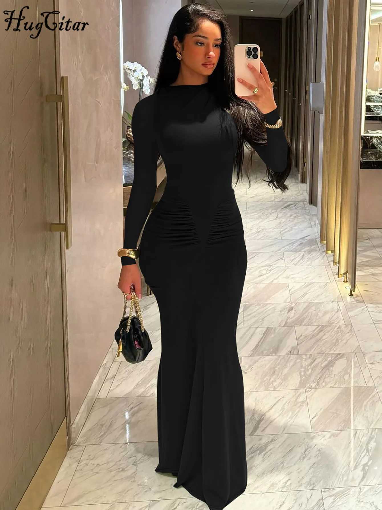 Hugcitar 2024 Autumn Solid Long Sleeve Draped Sexy Bodycon Maxi Prom Dress Women Fashion Y2K Outfits Evening Party FestivalXJ250514