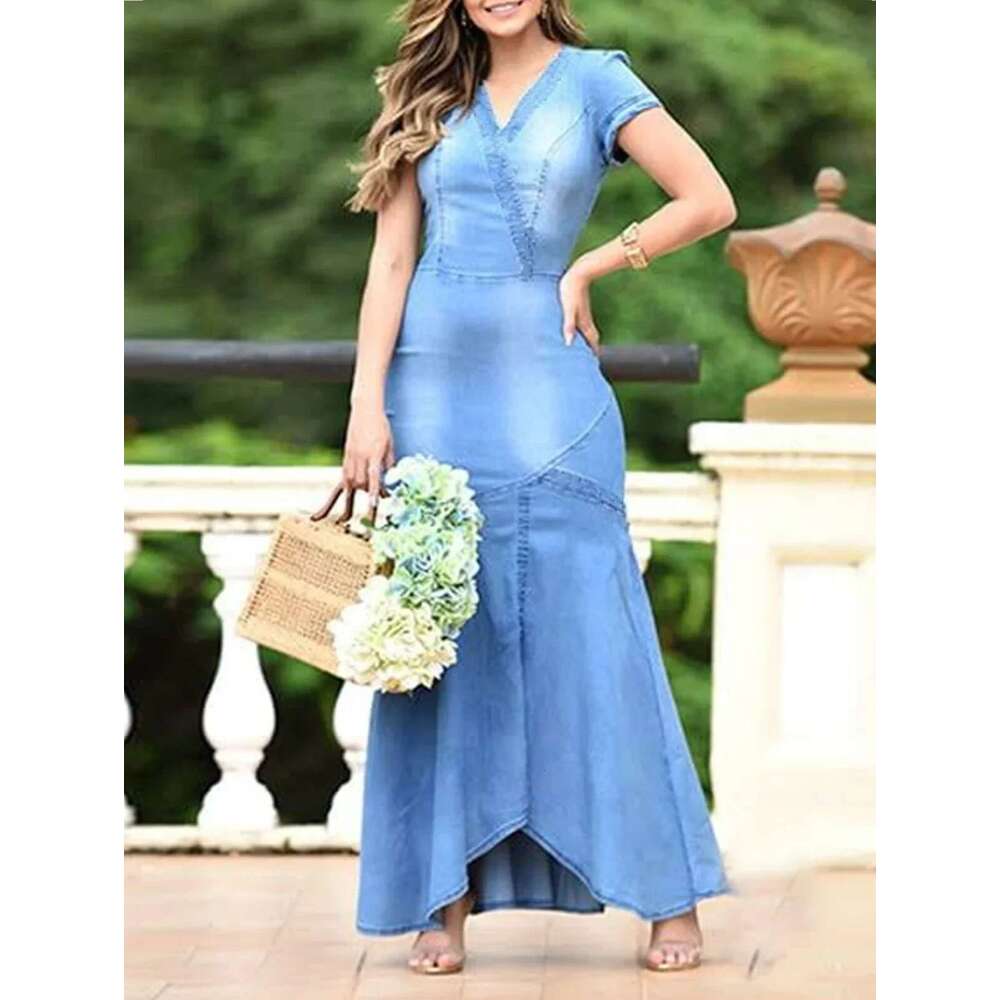 Plus Size Plain V Neck Light Washed Short Sleeve Denim Maxi Bodycon Vintage Mermaid Dress Casual Summer Long Dresses