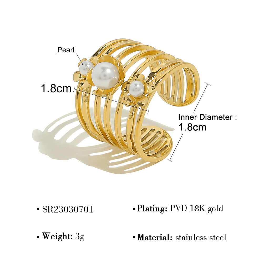 Multi-Layer Turquoise Stone Gold-Plated Adjustable Ring with Pearls, Chic and Elegant Open Design, Wholesale Fashion Jewelry
