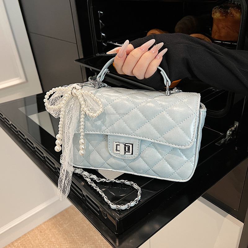 2025 Free Shipping Designer Women's Handbag French Diamond Mesh Chain Shoulder Crossbody Bag Summer New Fashion Small Square Bag Versatile Phone 