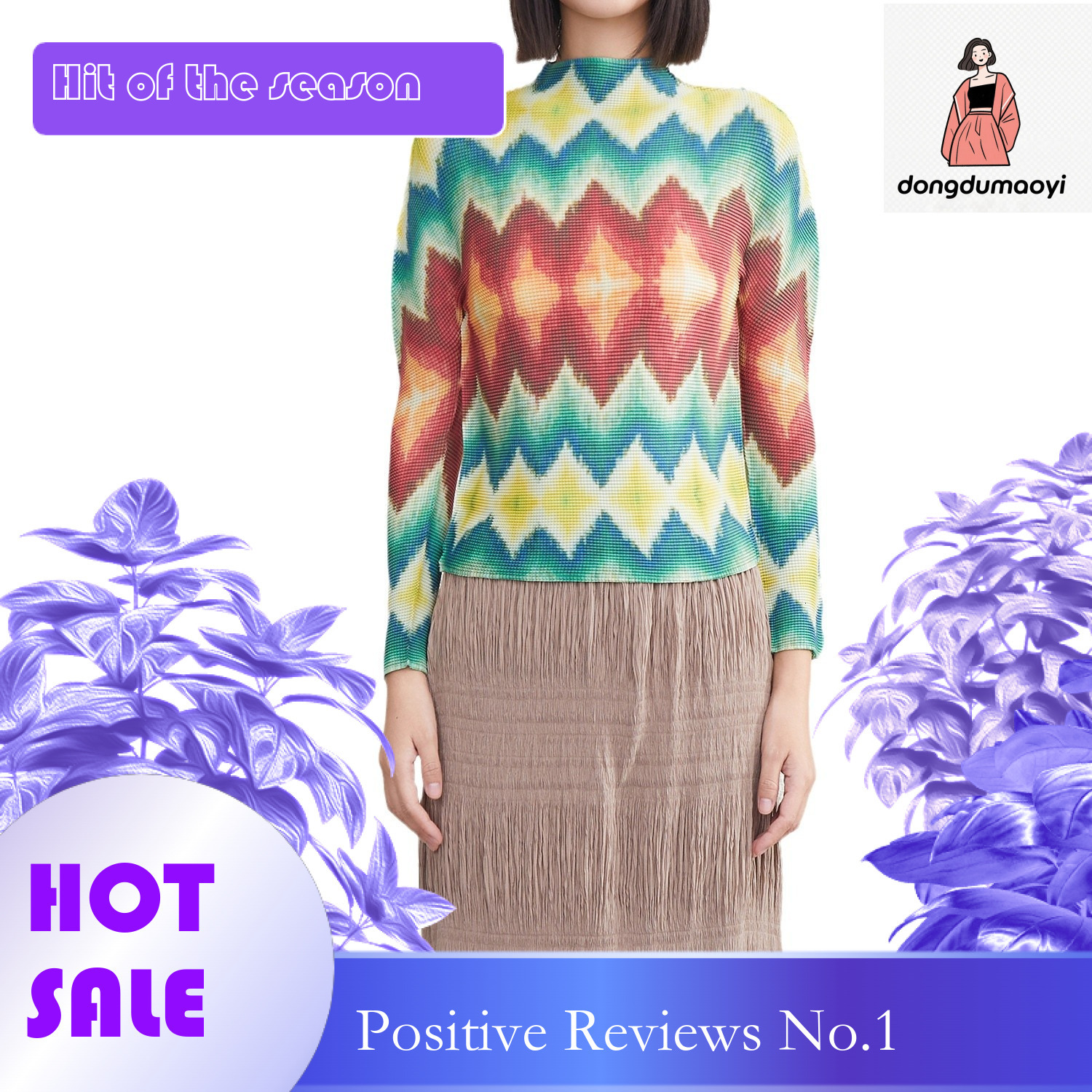 dongdumaoyi Miyake printed semi high neck base shirt for women in late autumn early winter, fashionable and western-style interior, long sleeved T-shi
