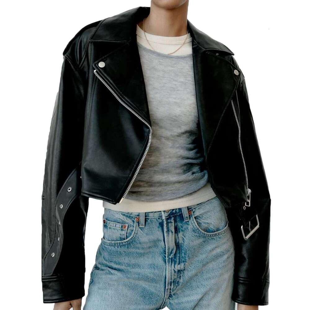 Fitaylor Women Faux PU Casual Lady Lapel Zipper Short Leather Jacket High Street Motorcycle Coat Designer