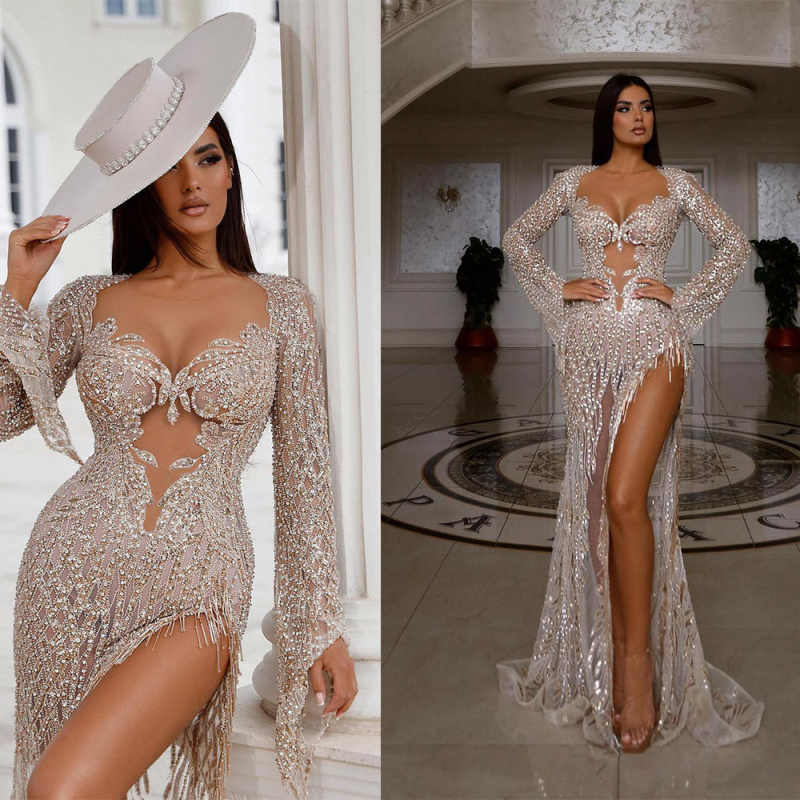 Plus Size Prom Dress For Special Occasions Evening Dresses For Black Women Illusion Long Sleeve Beads Party Gowns Customized