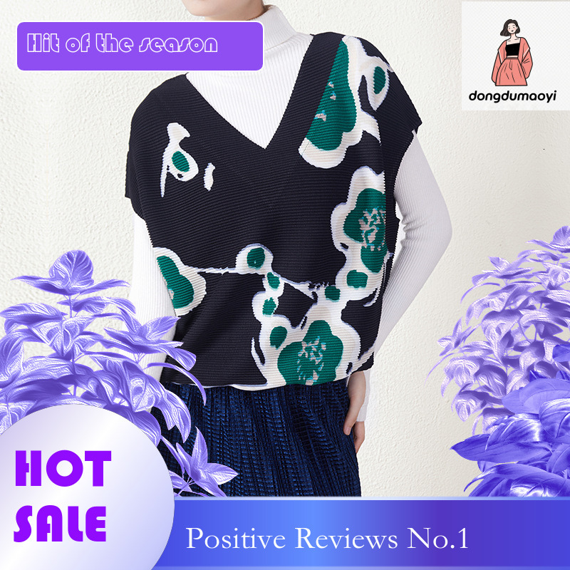 dongdumaoyi Miyake Autumn Costume Art New Style Wrinkle Printed V-neck Knitted Shirt, Vest, Women's Slimming Cover, Top