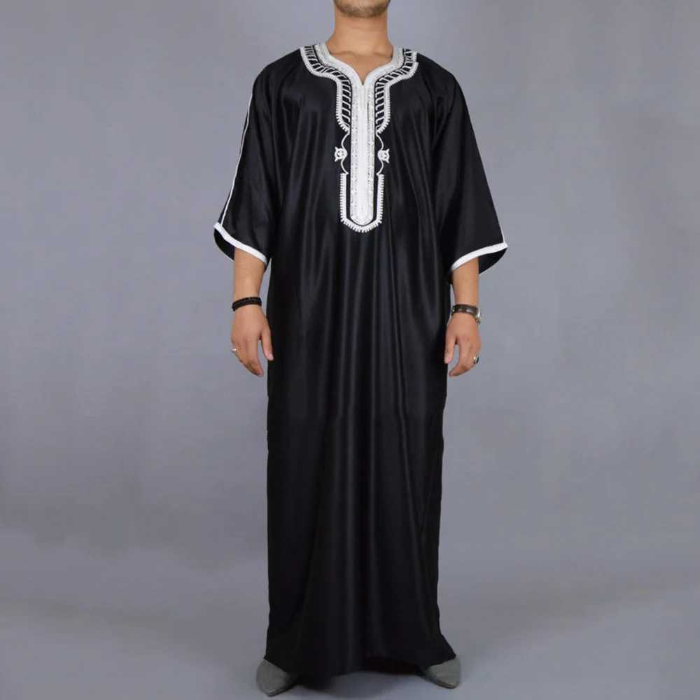 Arab Long Robe Islam Kaftan Muslim Eid Men Moroccan Dubai Caftan Embroidered Loose Breathable Abaya Jalabiya Thobe Summer 2024 X250514