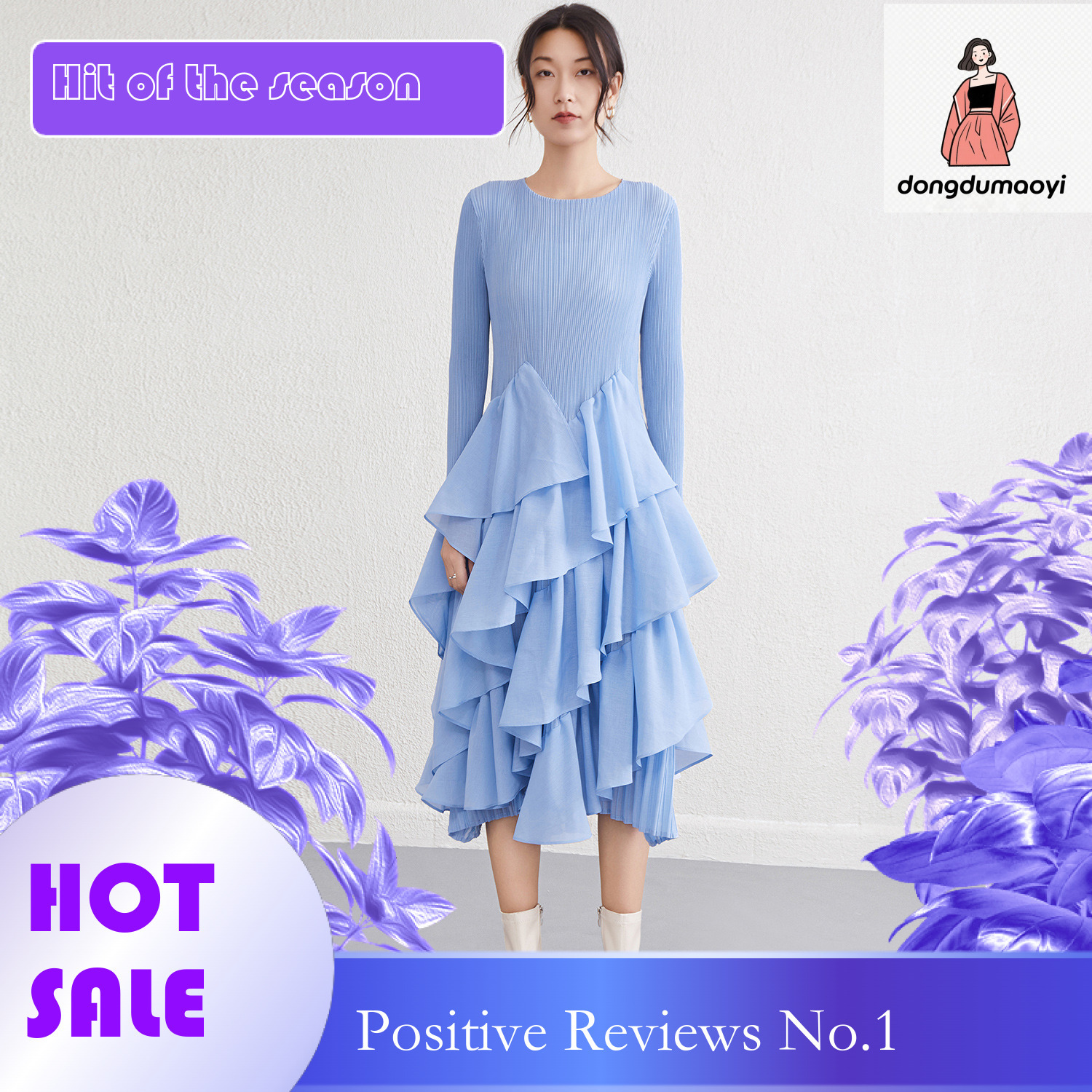 dongdumaoyi Spring New Three Houses Versatile Casual Cake with Lotus Leaf Edge Dress High Waist Folded Mid length Skirt