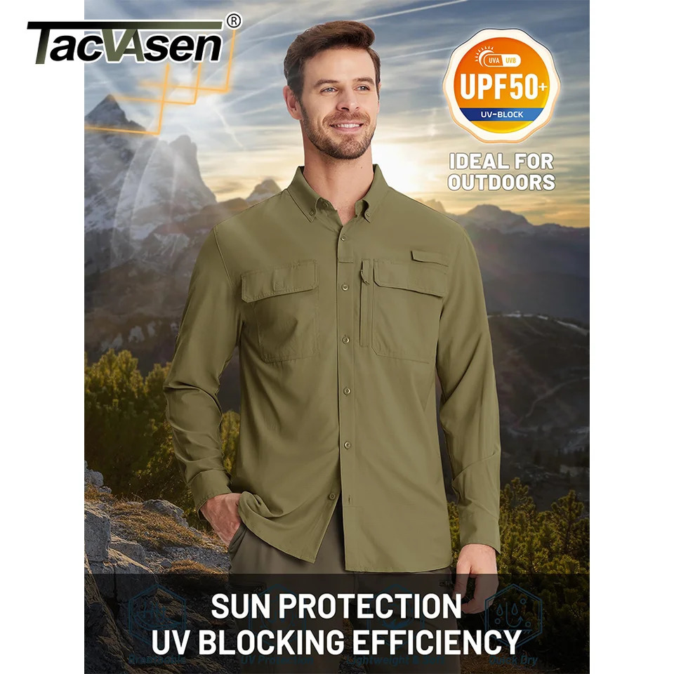 TACVASEN UPF 50 Sun Protection Fishing Shirts Mens Quick Dry Long Sleeve Mesh Breathable Hiking Work Cargo 250514
