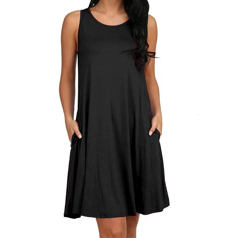 Womens Dress Summer Casual T Shirt Dresses Beach Cover up Plain Pleated Tank Pockets 250514
