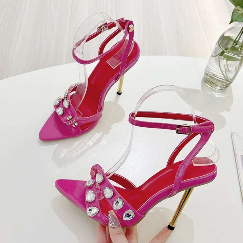 Liyke Summer Fashion Gem Rivet Narrow Band Women's Metal Thih High Heels Sandals Sexy Pointed Open Toe Party Dress Shoes Size 41