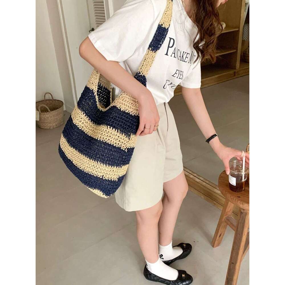 striped single shoulder hand bag large capacity seaside beach vacation woven bag