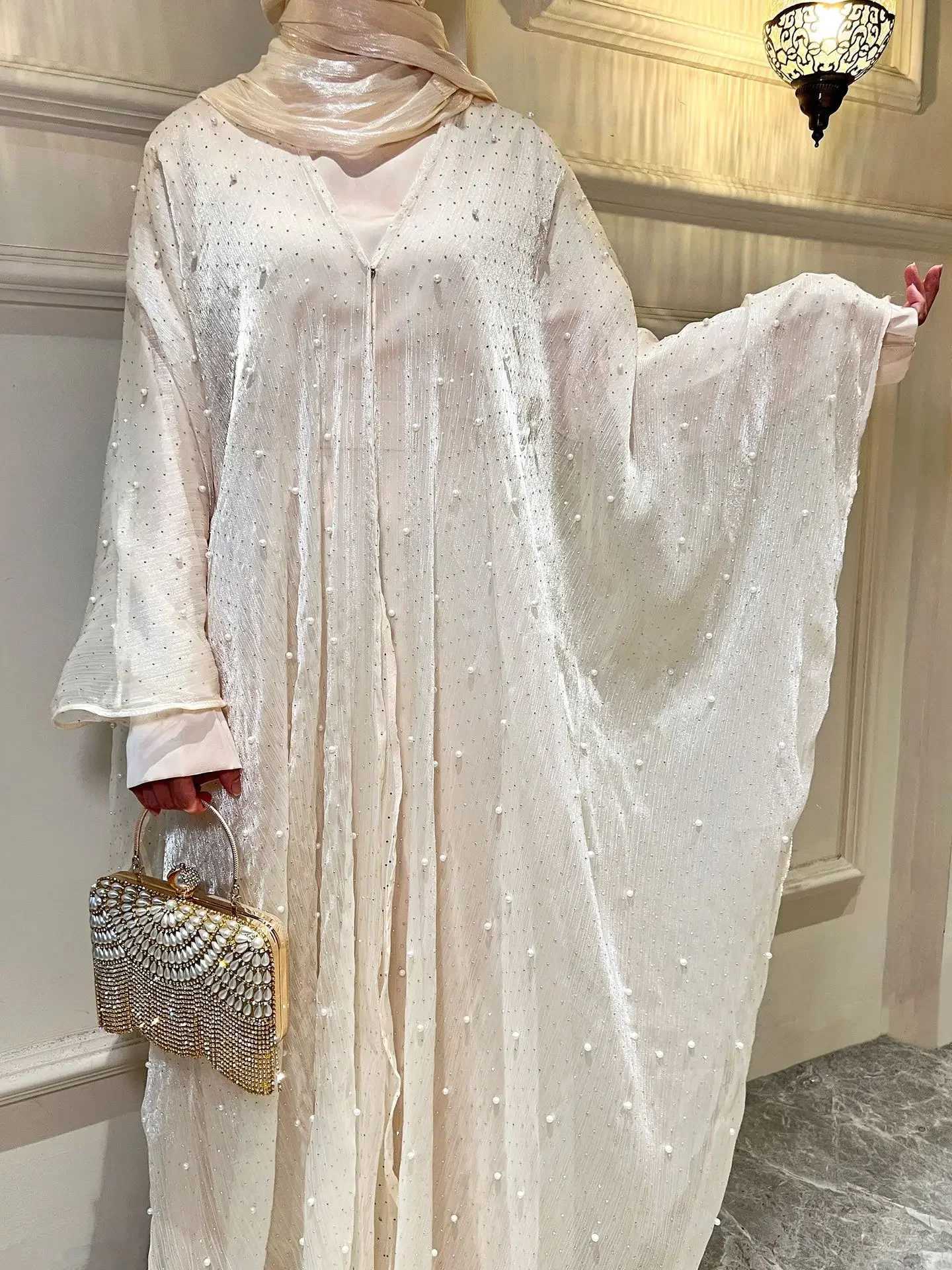 Women Muslim Clothing Abaya Pearl Dress Robe 2 Piece Set Dubai Shiny Kimono Abayas Islam Jalabiya Eid Ramadan Gown Kaftan Suits X250514