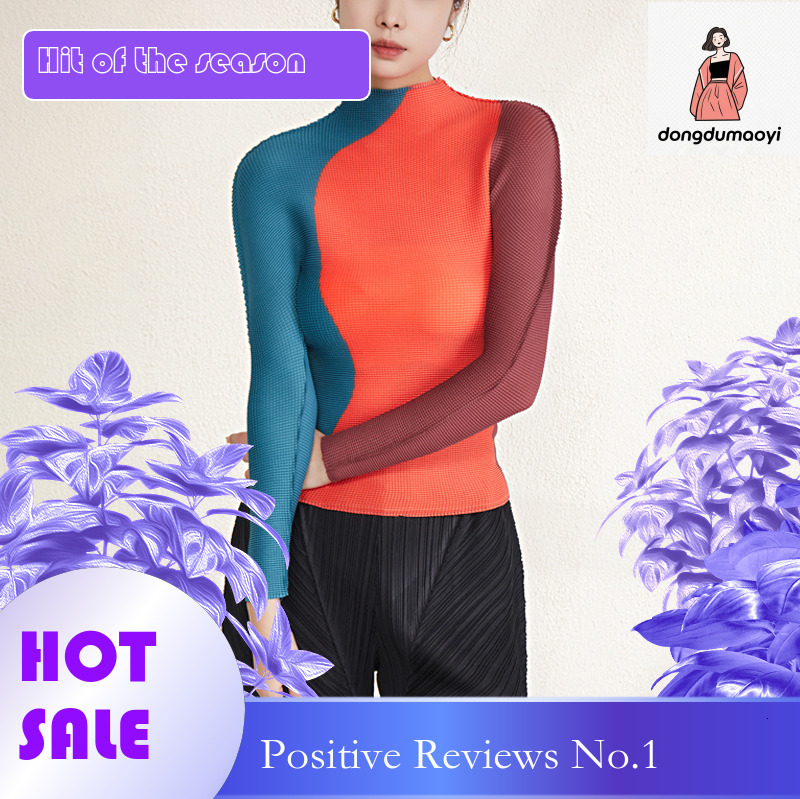 dongdumaoyi High end polo shirt, Miyake stretch T-shirt, light pleated top, women's long sleeved shirt