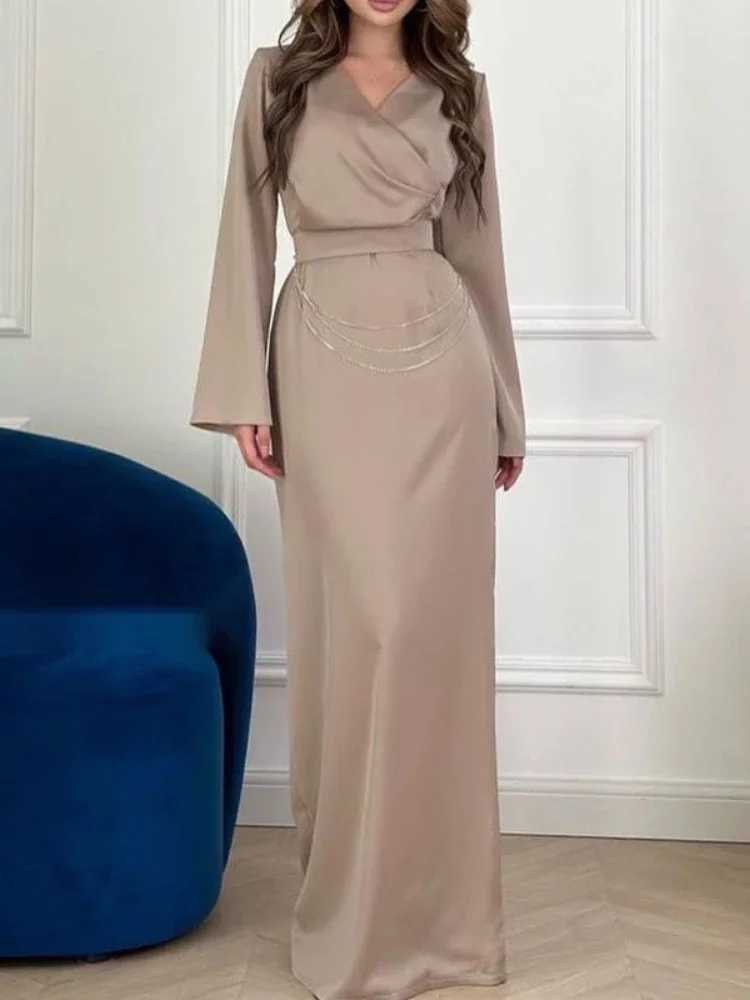 Eid women Party Dress for woman Jalabiya Satin Chains Ramadan Long Dresses Abayas Woman V Neck Robe Caftan Vestidos Largo 2024 X250514