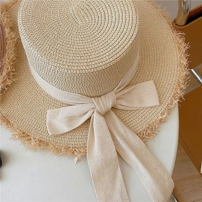 Beach HatJapanese Everything Hairy Edge Straw Hat Female Summer Flat Top Outing Sun Hat Small Fresh Bow Sun Shade Beach Hat 250514