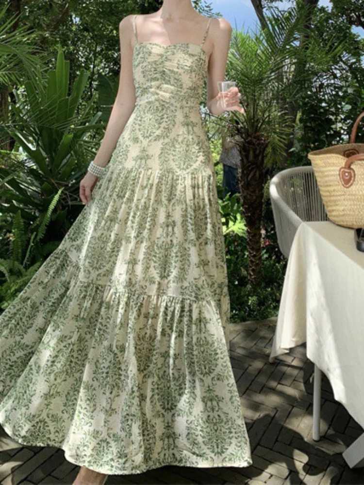 Dress Women Sling Dresses A Line Print Floral Pleated Sleeveless Backless Slim Fit Tight High Waist Long Dresses Elegant SpliceXJ250514