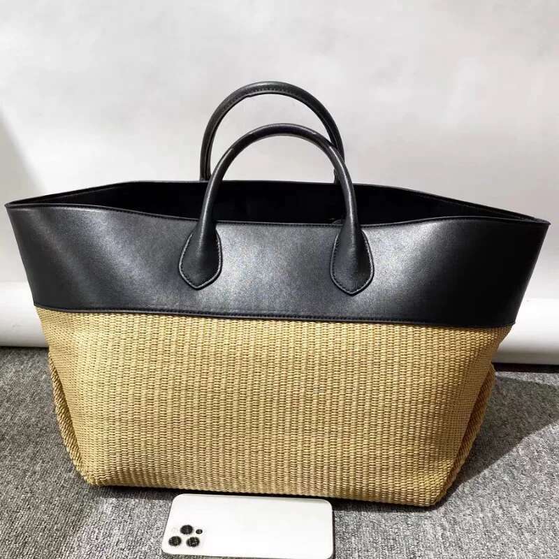 Genuine Leather Straw Ing Contrast Color Large Capacity Handbag Brand Tote Commuter Wing-Shaped Storage Bag
