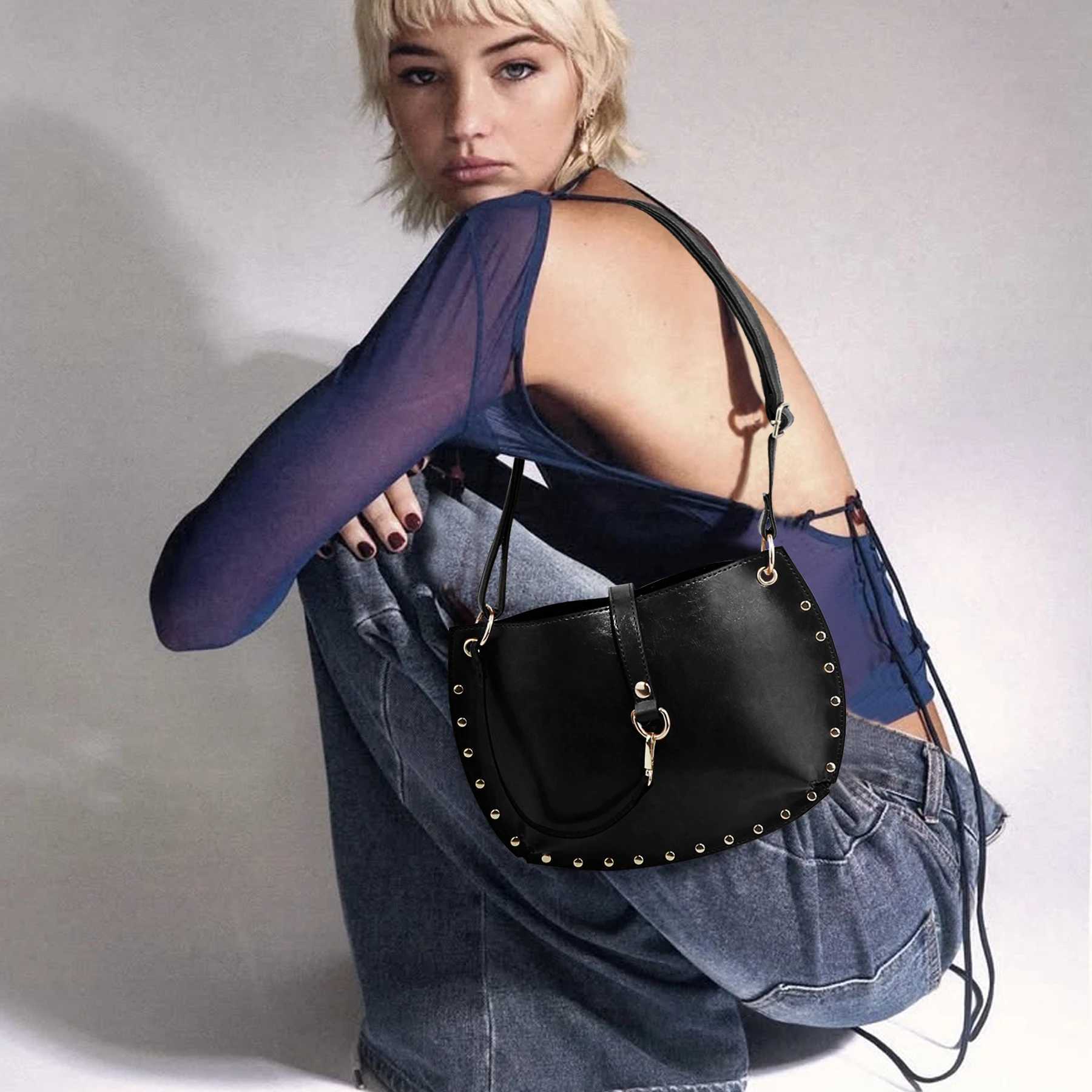 Wens Studded Crescent Saddle Bag Versatile For Shoder Crossbody Wear Punk Style Fi Design Suitable For Daily Use Z250514