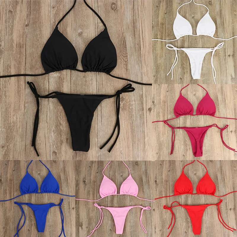 Beach Style Swimsuit for Women Sexy Halter Swimwear Solid Thong Female Set Bathing Suit Bikini Mujer Lingerie