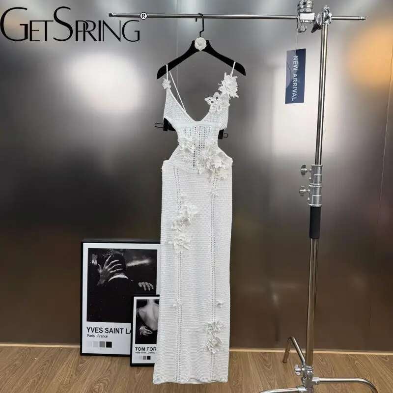 Getspring Women Dress 2025 Spring Summer Retro Three Dimensional Flower Backless Hollow Out Sext Slim Long Beach Knitted Dresses