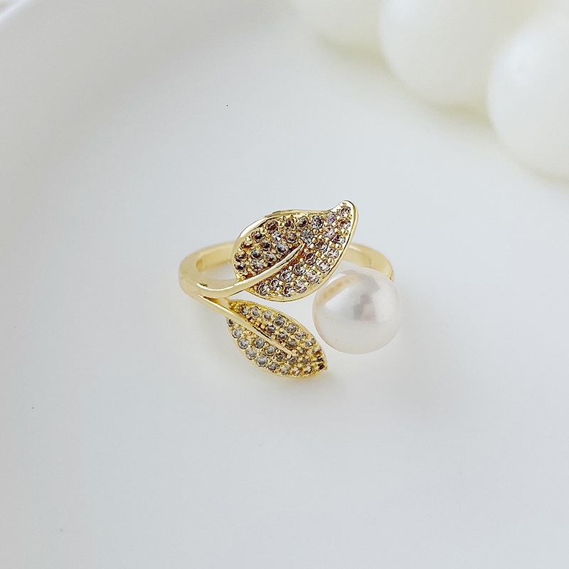 Fashionable Korean style Leaf for Women Collection Simple Pearl Ring Exquisite Jewelry