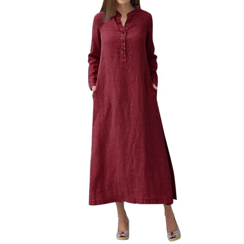 Simple Style Cotton Linen Long Sleeved Solid Color Casual Maxi Long Shirt Fashion Retro Loose Button Pullover Dress With PocketsXJ250514