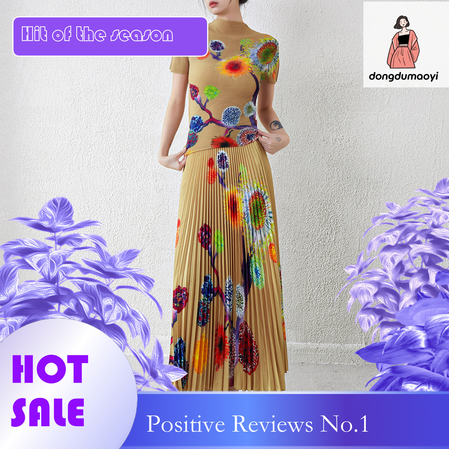 dongdumaoyi Miyake design style short sleeved T-shirt with a large display to cover the flesh, half skirt women's summer new style, two-piece set