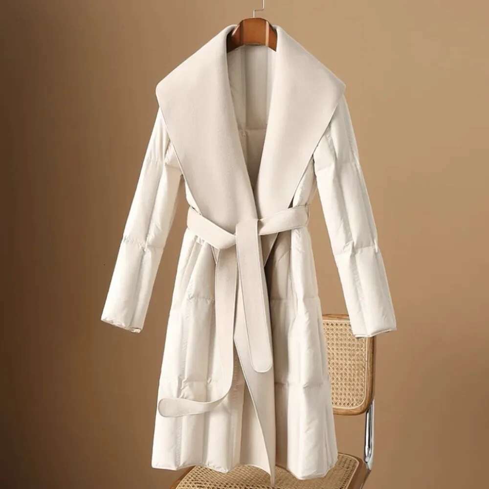 2024 New Fashion Winter Women Warm Slim Belt Thick Overcoat Female Long Duck Down Jacket Woolen Collar Coat