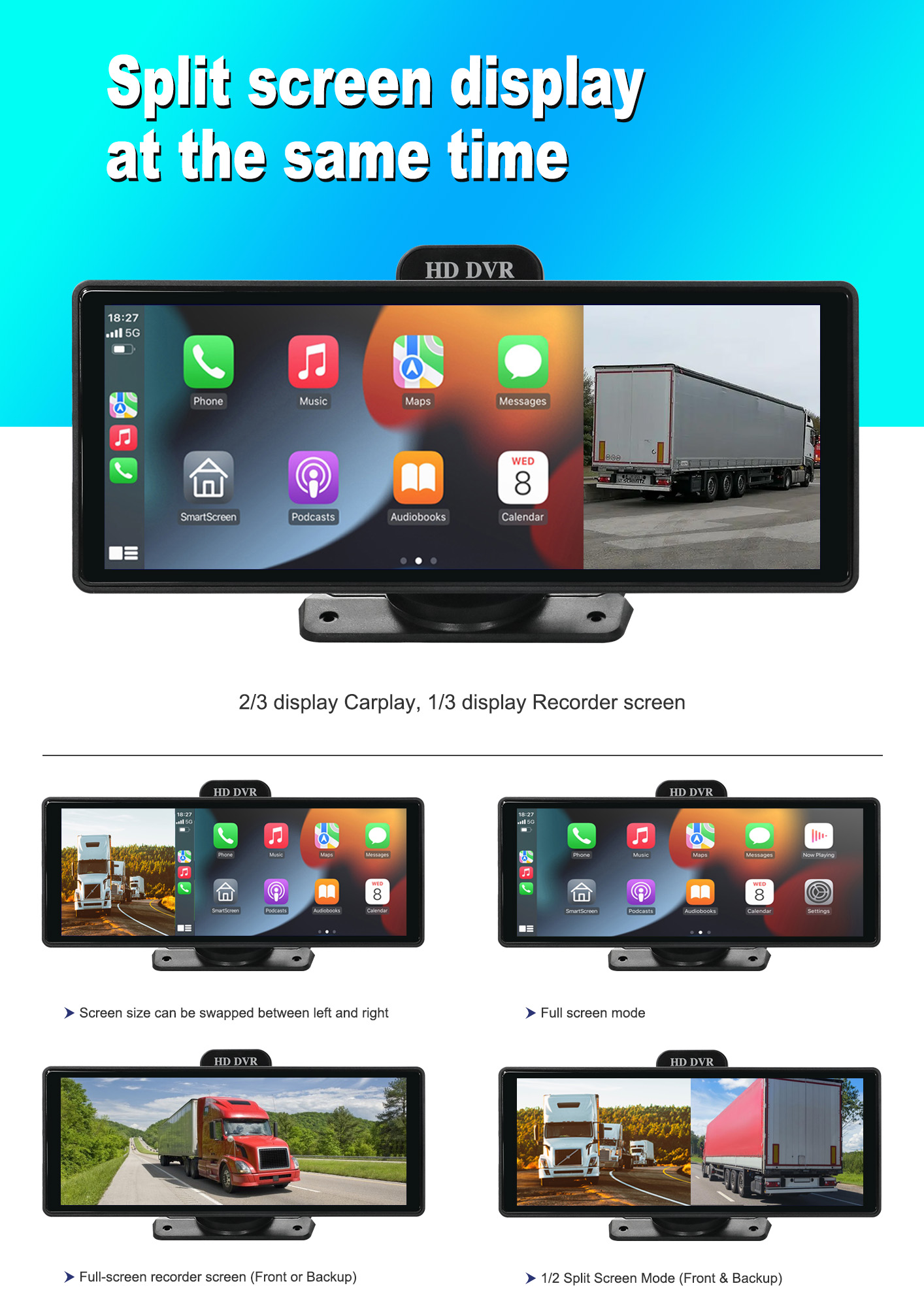 BY-CS102 10.26" IPS Touchscreen Car Display with Dual 1080P Cameras Wireless CarPlay/Android Auto Global Certified & OEM Support