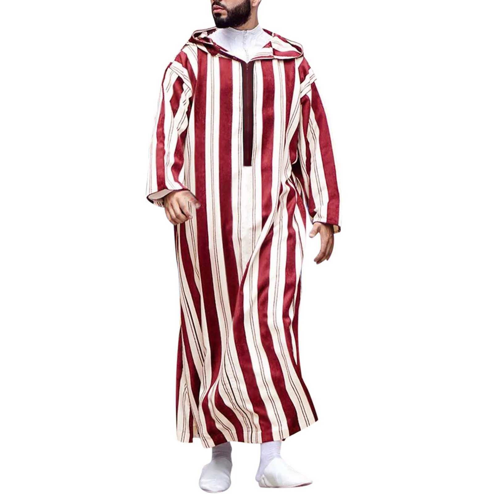 Cold Dress For Men Thobe Casual Robe Muslim Hooded Thobe Long Striped Print Half Sleeve Big And Tall Mens Arab Saudi Kaftan X250514