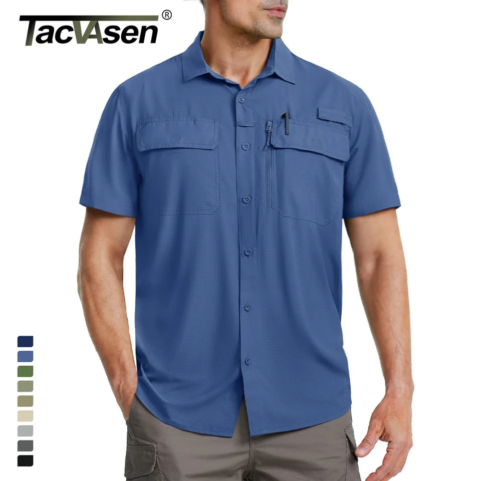 TACVASEN Quick Dry Short Sleeve Shirts Mens UPF 50 Sun Protection Work Cargo Mesh Breathable Hiking Fishing Man 250514