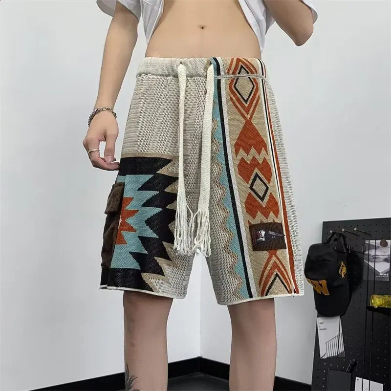 American Vintage Patchwork Knit Shorts For Men Navajo Embroidery Geometric Knitting Short Pant Summer Oversize Loose Shorts Fat 250513