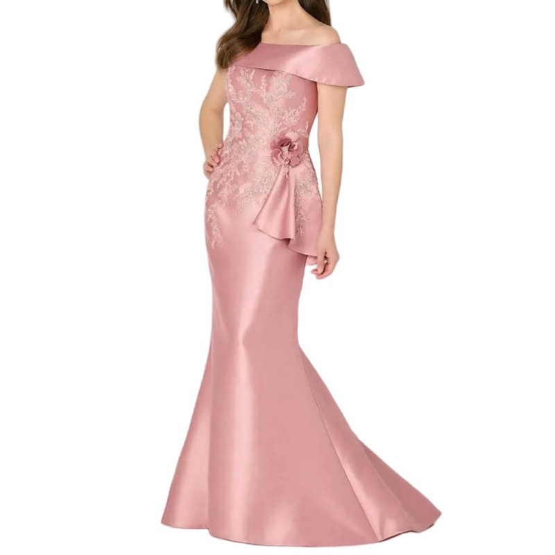 Elegant Pink Long Mother Of The Bride Dresses Off Shoulder Satin Mermaid Wedding Guest Dress Lace Appliques Chic Groom Mom Formal Wear