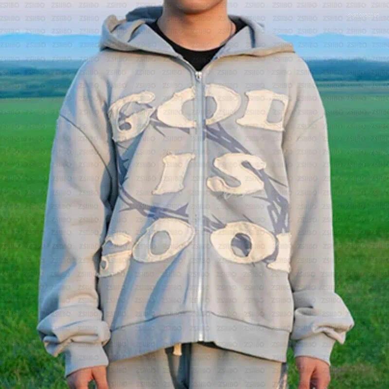 Mens Hoodies Gothic High Street Letter God Is Good Embroidered Zipper Hoodie Hooded Jacket Harajuku Hip-hop Casual Top