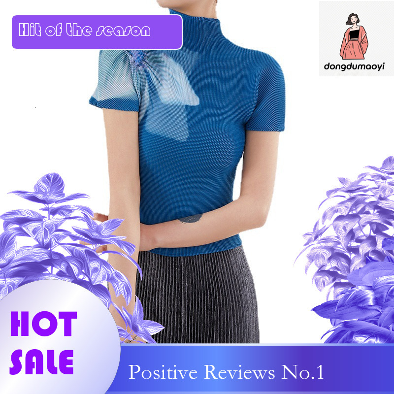 dongdumaoyi Wrinkled Top for Women's Miyake 2025 Summer Versatile Thin Small Shirt, Elastic Slimming and Slimming, Printed Short Sleeve T-shirt
