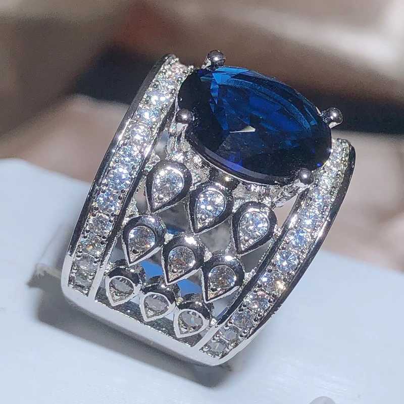 Hollow Blue Zircon Wedding Ring for Women Water Drop Net She Micro-inlaid Simulation Simple Jewelry Full Drill Engagement RingXJ250514