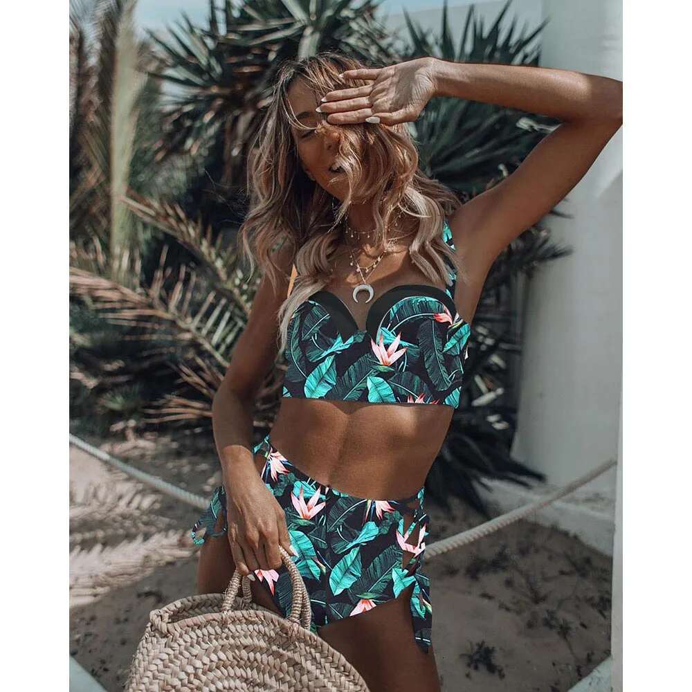 High Waist Swimwear New Leaf Print Bikinis Women Swimsuit Vintage Retro Bathing Suit Halter Biquini Maillot de bain femme 250514