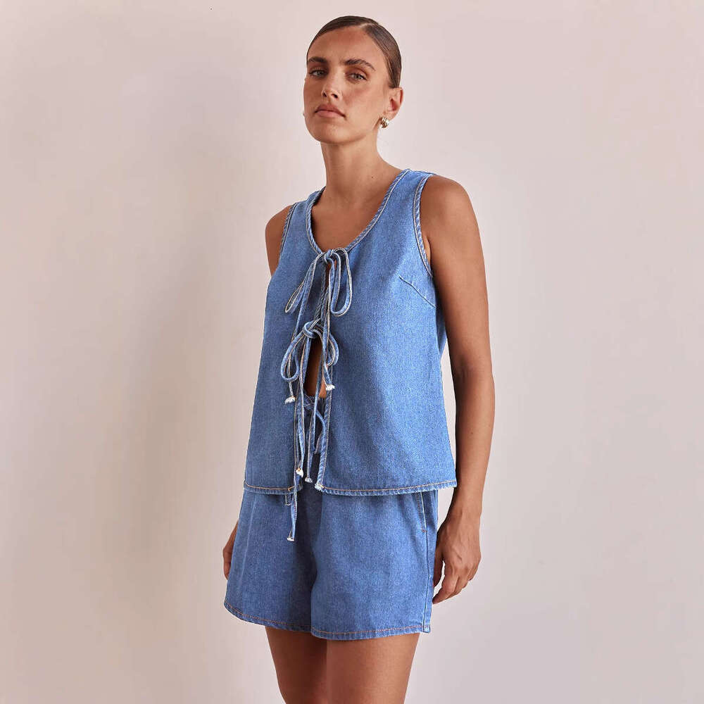 2025 Style Summer Fashion Casual Sleeveless Lace Up High Waisted Womens Vest Denim Suit Shorts for Women High Elasticity Versatile Printing New Produc