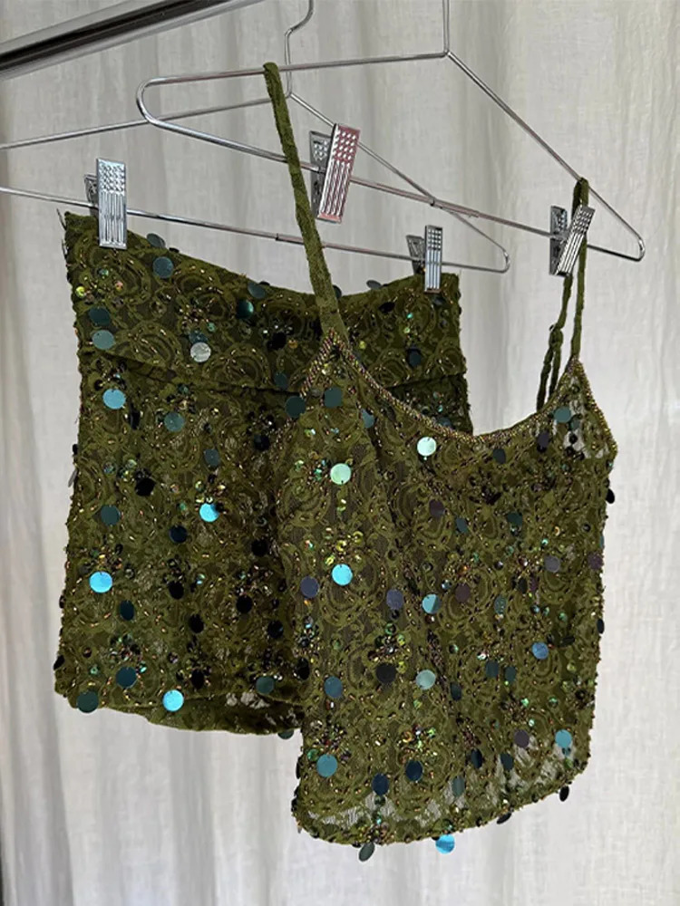 Sexy Sequined Shorts Sets Women Glitter Sling Camisole Slim Crop Tops A Line Mini Skirt 2025 Summer Vacation Beach Outfits Lady 250513