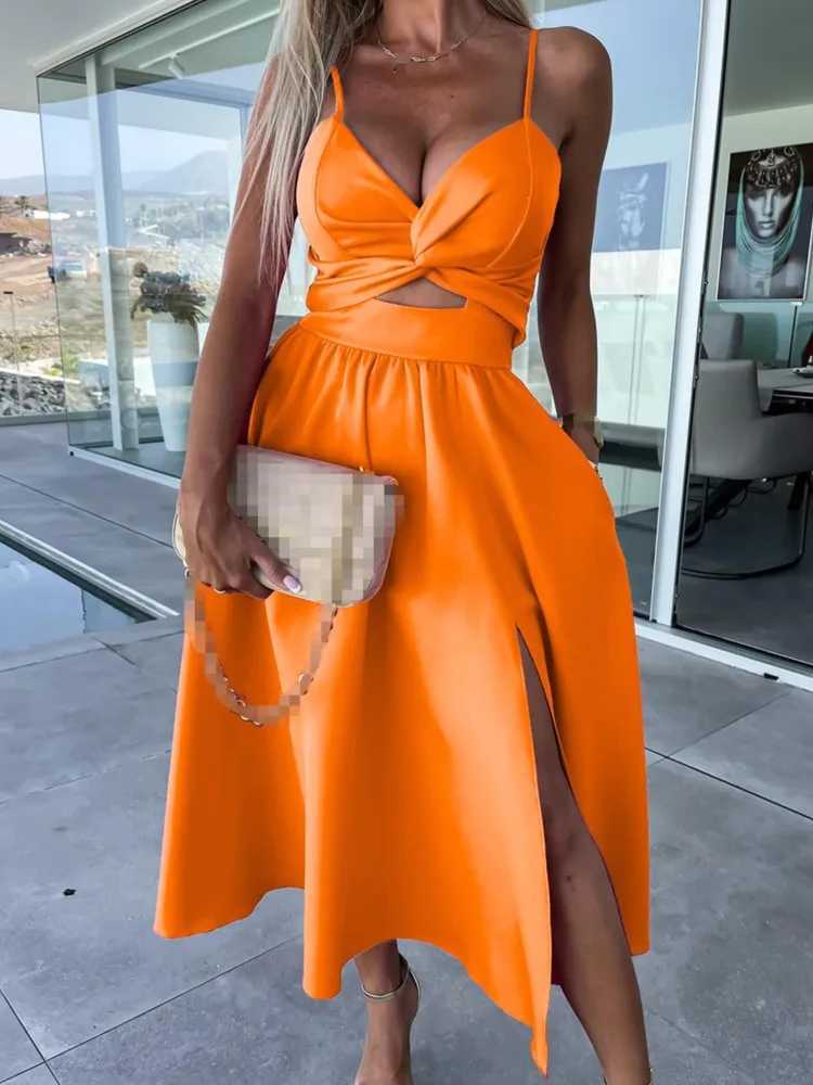 Summer Fashion Women Corset Party Elegant Strap V Neck Hollow Large Swing Split Banquet Dress Casual Sleeveless Sling DressXJ250514