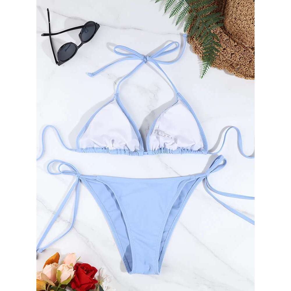 2 Pc Women Beachwear Sexy Ladies Thong Bikini Set Solid Color Swimsuit Side Halter Tie Split Strap Adjustable Brazilian Swimwear 250514