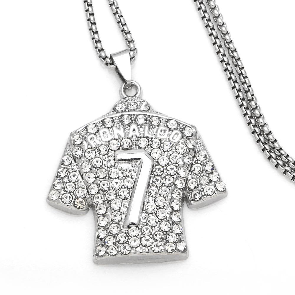 2Pcs Cristiano Ronaldo CR 7 Jersey Full Zircon Pendant Chain Necklace For Men Boy Soccer Fans Hip Hop Jewelry Accessories